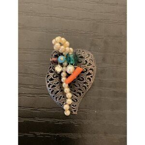 Vintage Ornate Heart-Shaped Brooch With Beads & Stones
